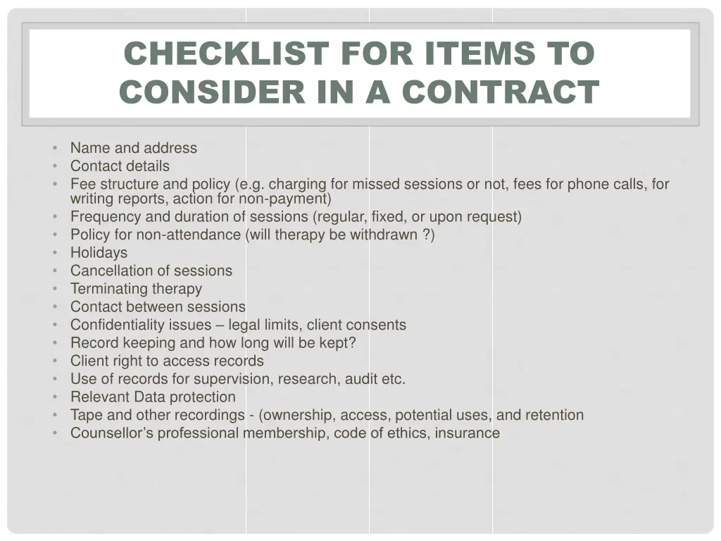 checklist for items to consider in a contract