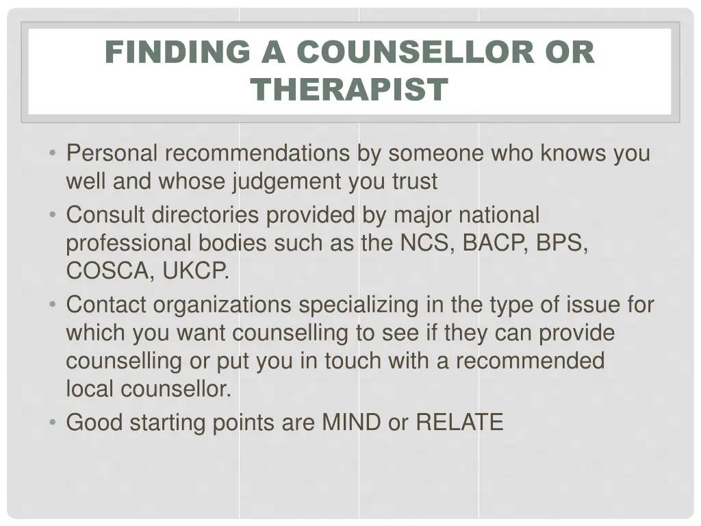 finding a counsellor or therapist