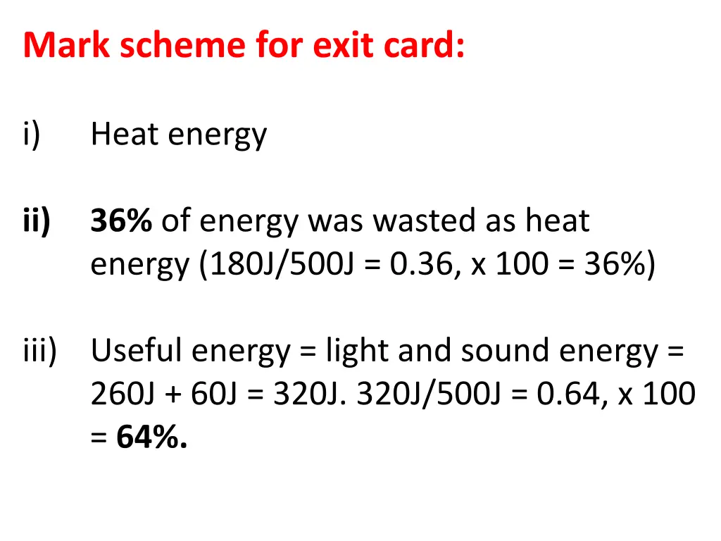 mark scheme for exit card