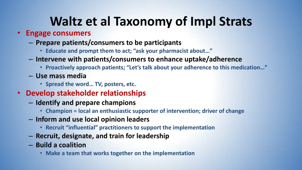 waltz et al taxonomy of impl strats engage