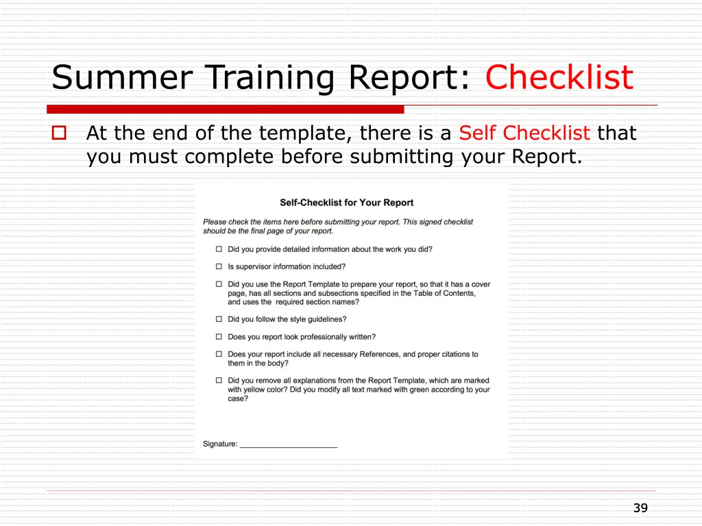 summer training report checklist