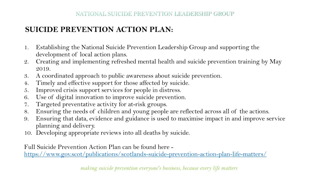 national suicide prevention leadership group