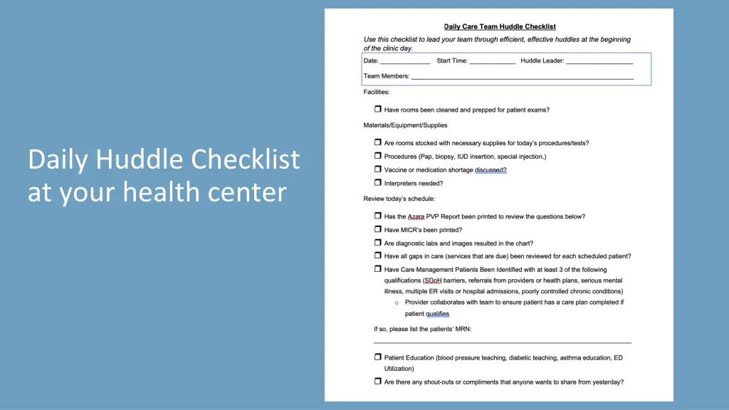 daily huddle checklist at your health center