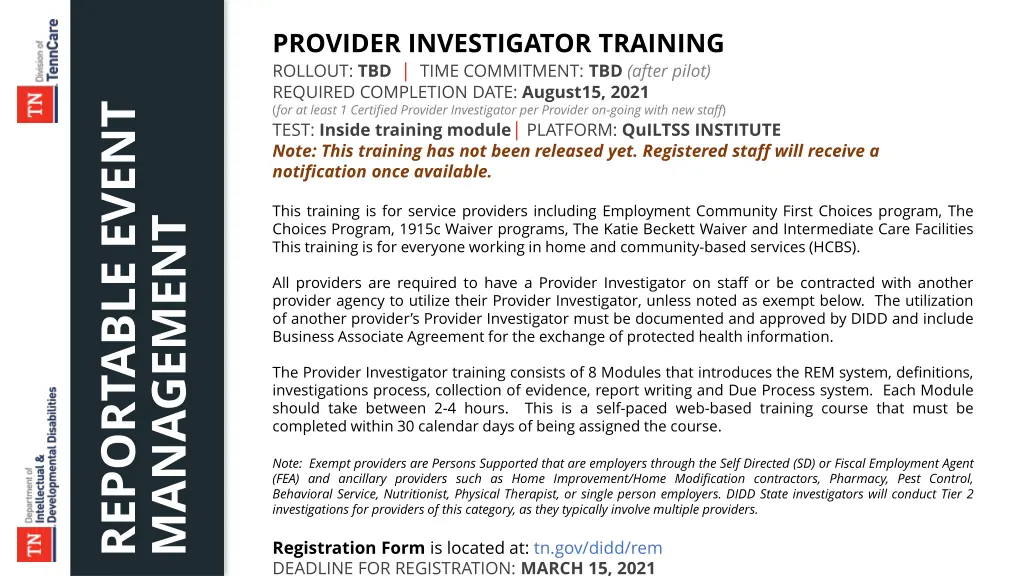 provider investigator training rollout tbd time