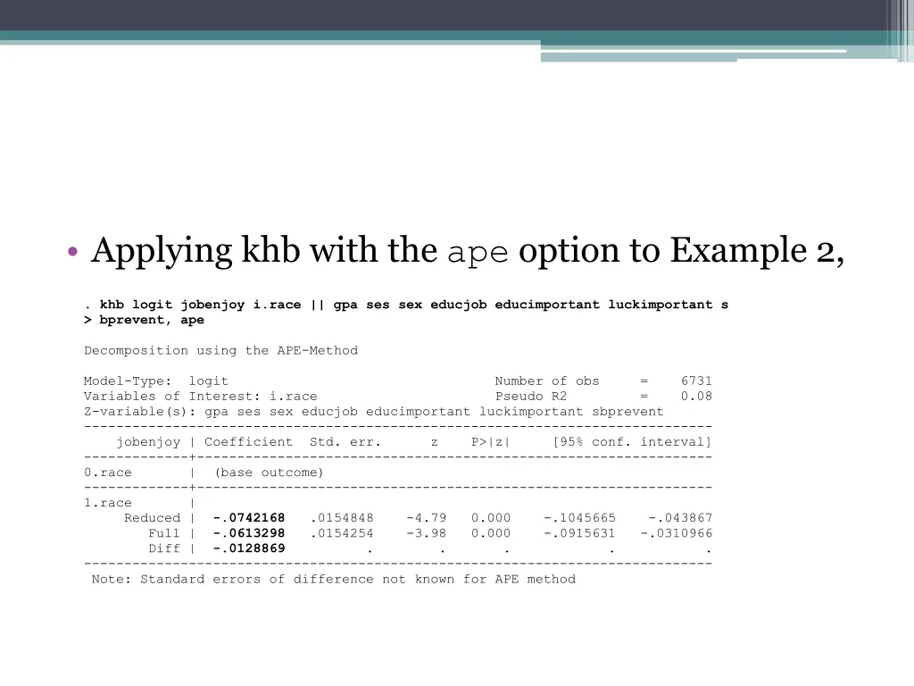 applying khb with the ape option to example 2