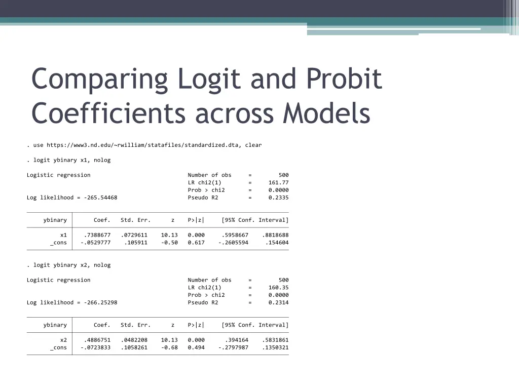 comparing logit and probit coefficients across