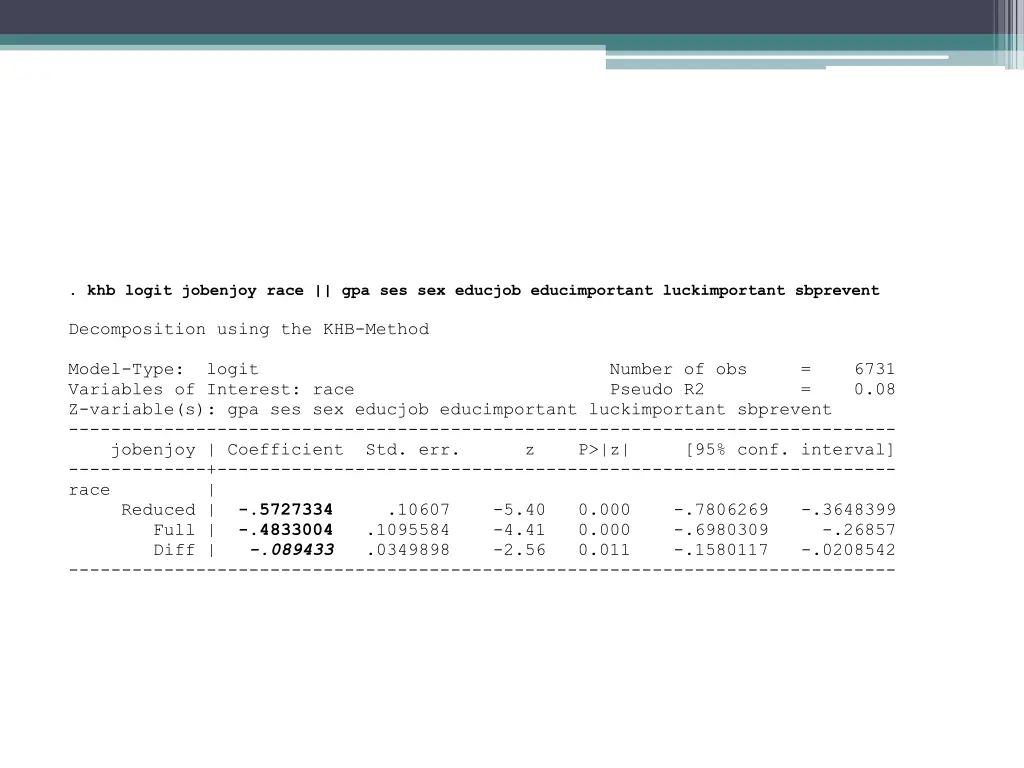 khb logit jobenjoy race gpa ses sex educjob