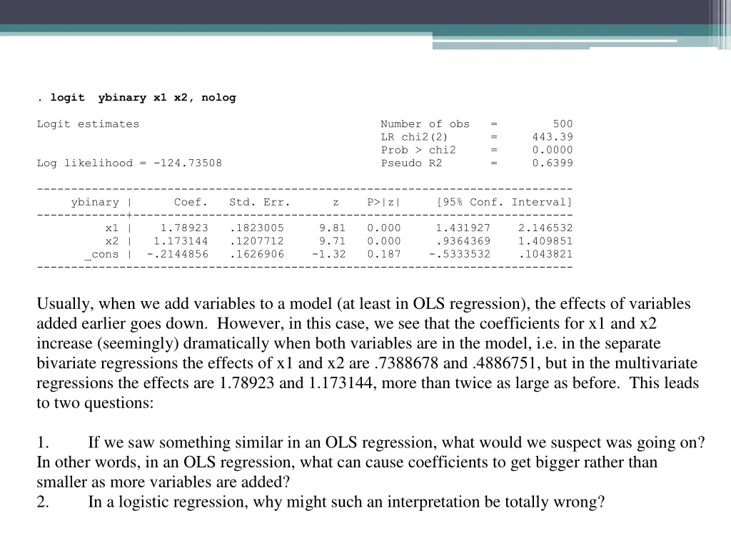 logit ybinary x1 x2 nolog logit estimates number