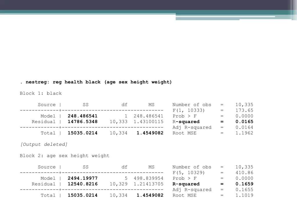 nestreg reg health black age sex height weight