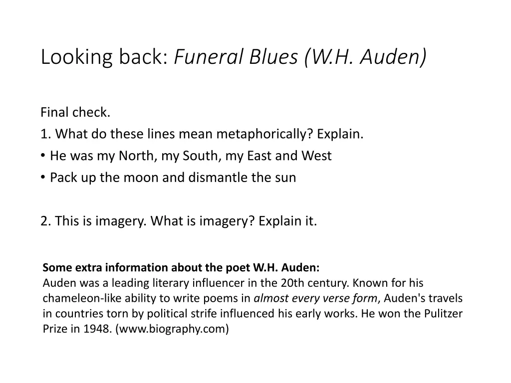 looking back funeral blues w h auden