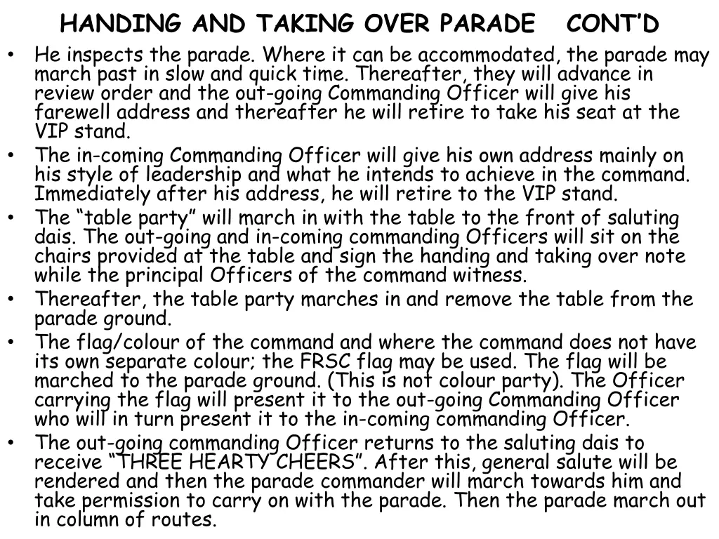 handing and taking over parade cont d