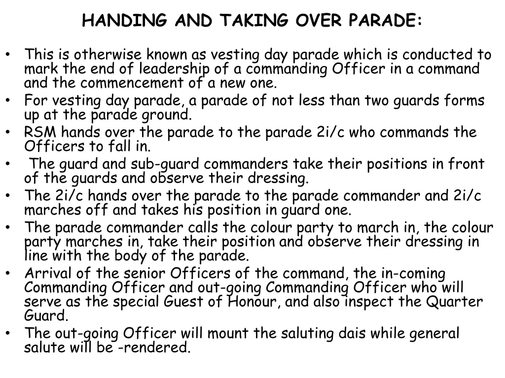 handing and taking over parade