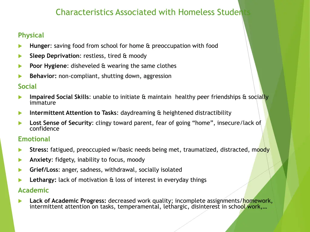 characteristics associated with homeless students