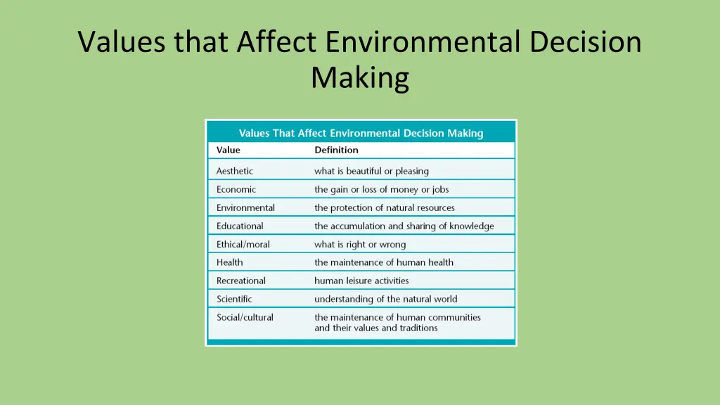 values that affect environmental decision making