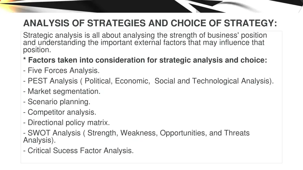 analysis of strategies and choice of strategy