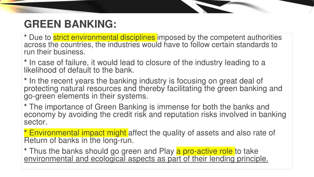 green banking due to strict environmental