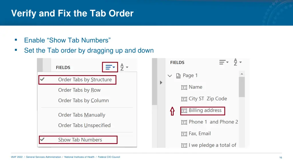 verify and fix the tab order