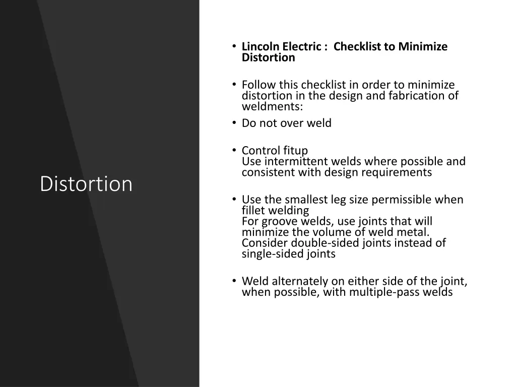 lincoln electric checklist to minimize distortion