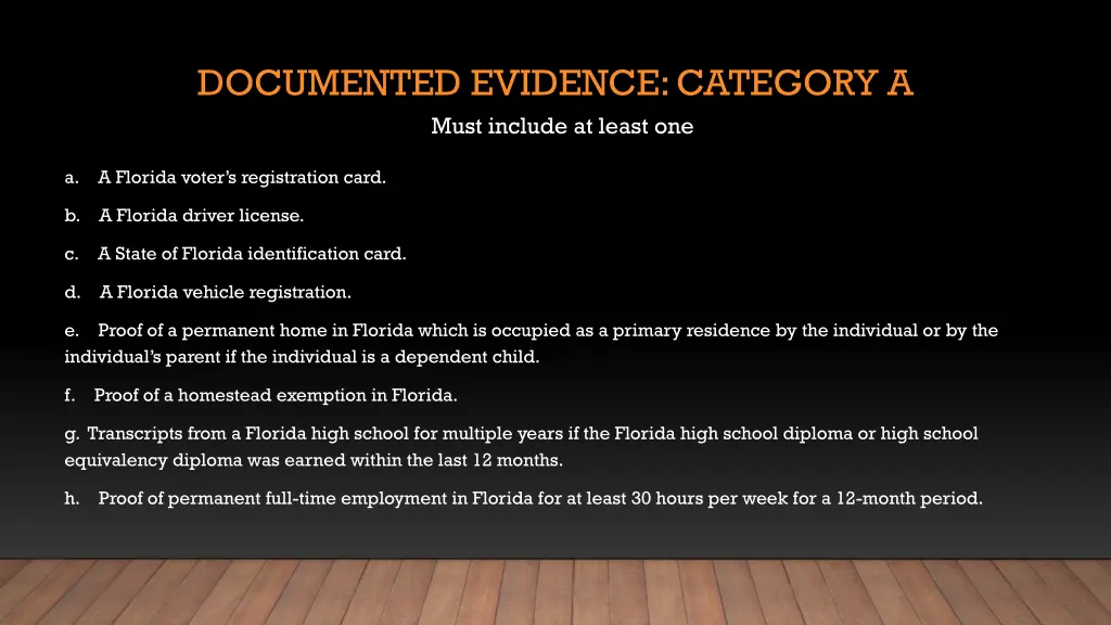 documented evidence category a must include