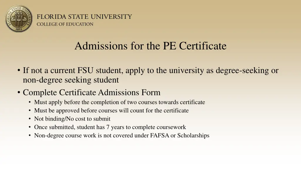 admissions for the pe certificate