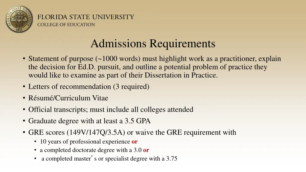 admissions requirements