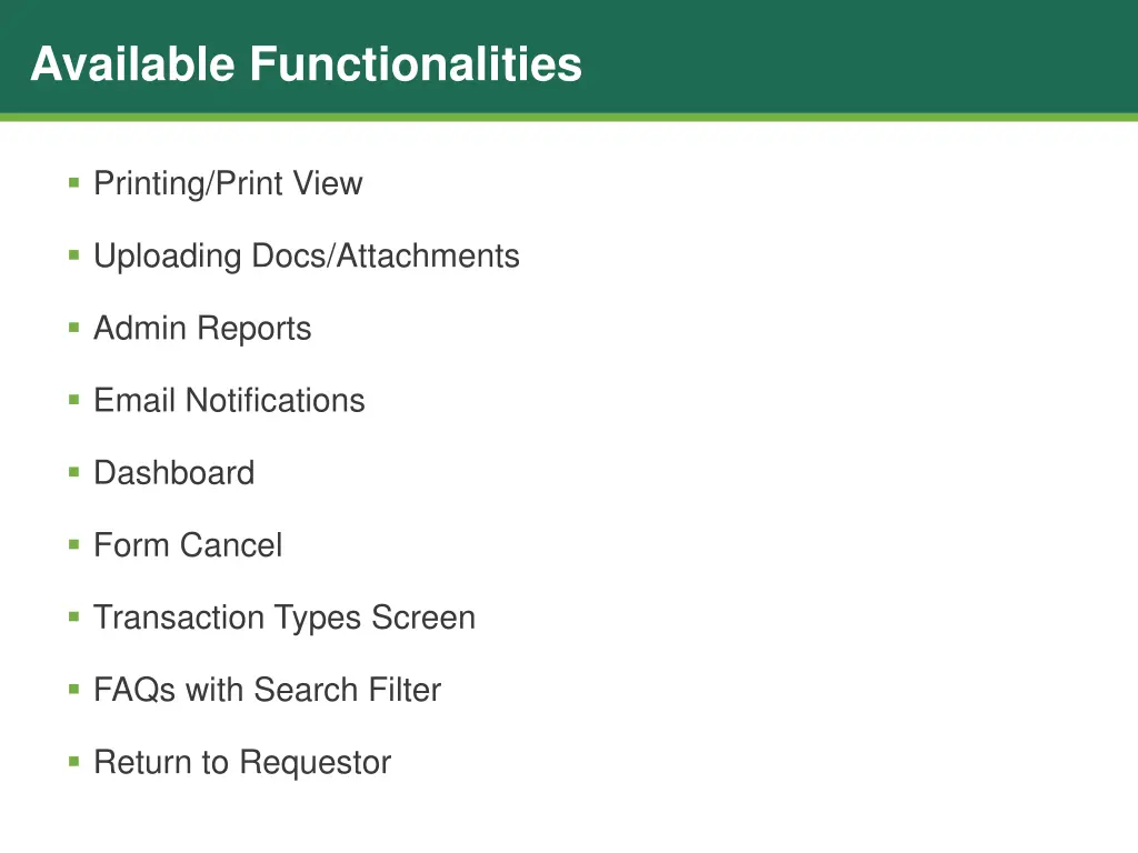 available functionalities