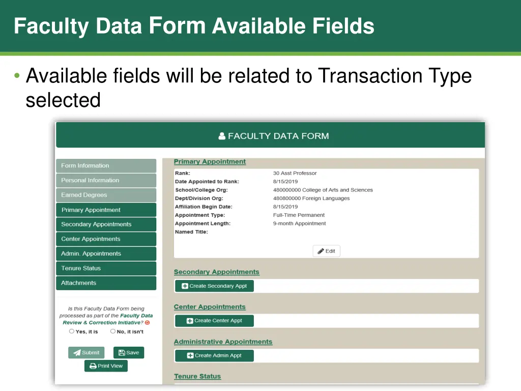 faculty data form available fields