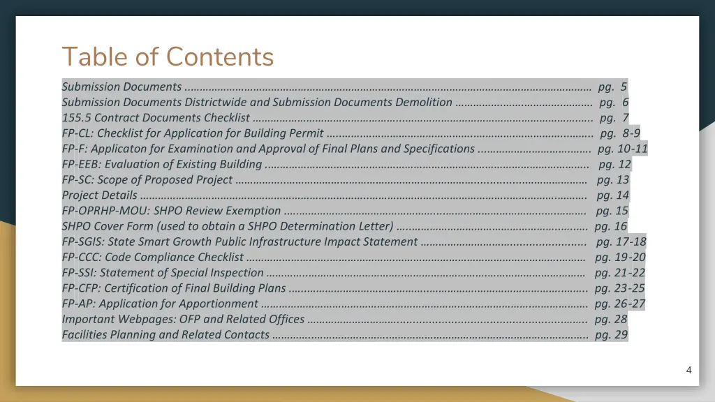 table of contents submission documents