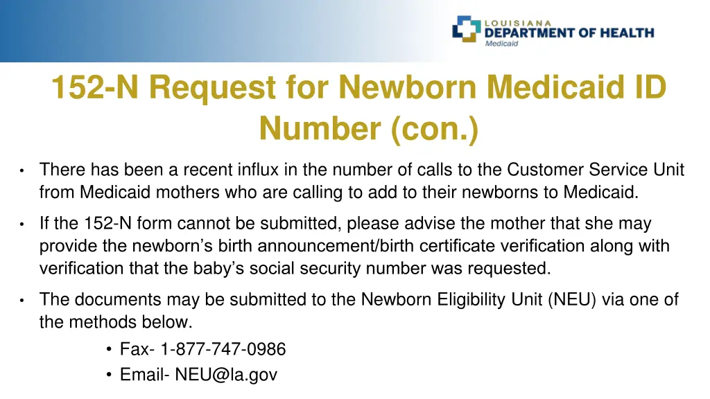 152 n request for newborn medicaid id number con