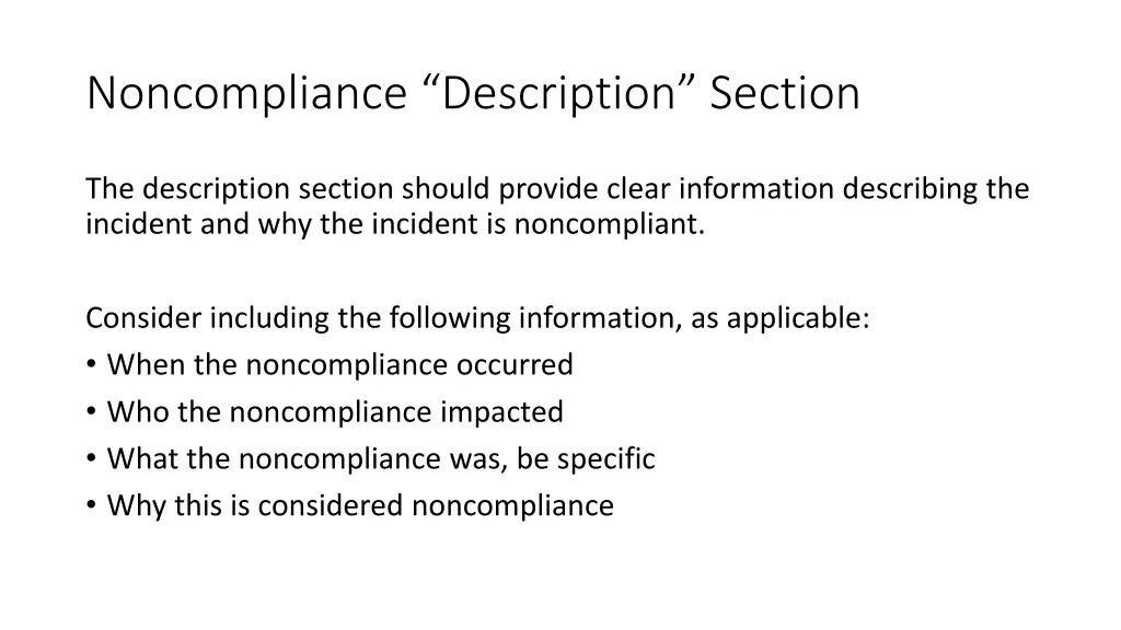 noncompliance description section