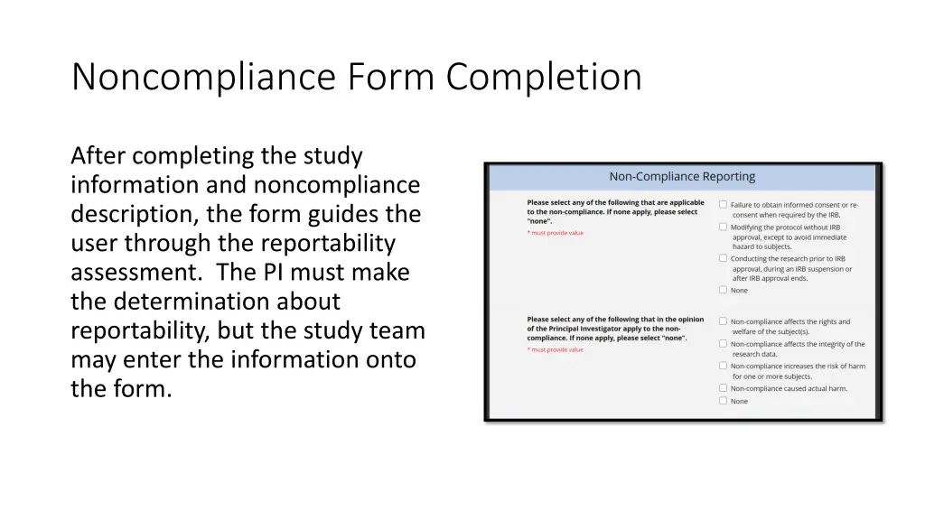 noncompliance form completion