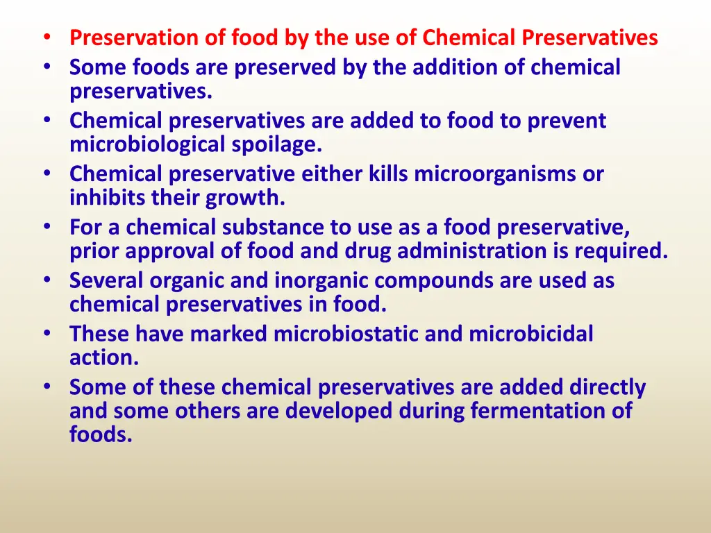 preservation of food by the use of chemical