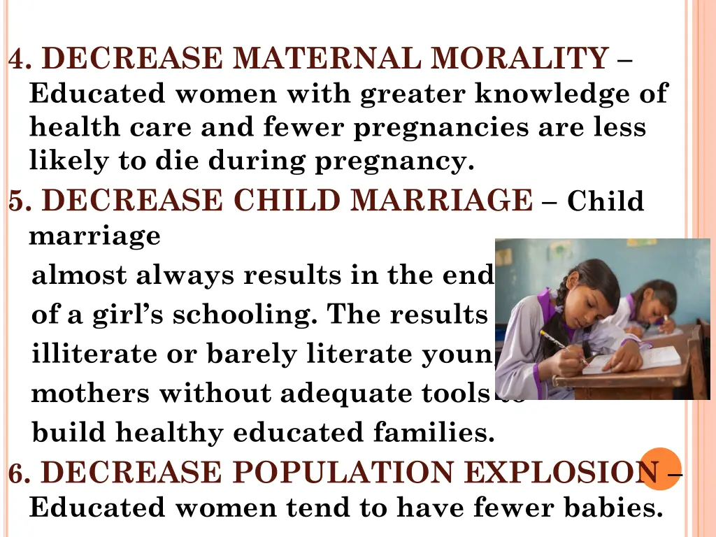 4 decrease maternal morality educated women with