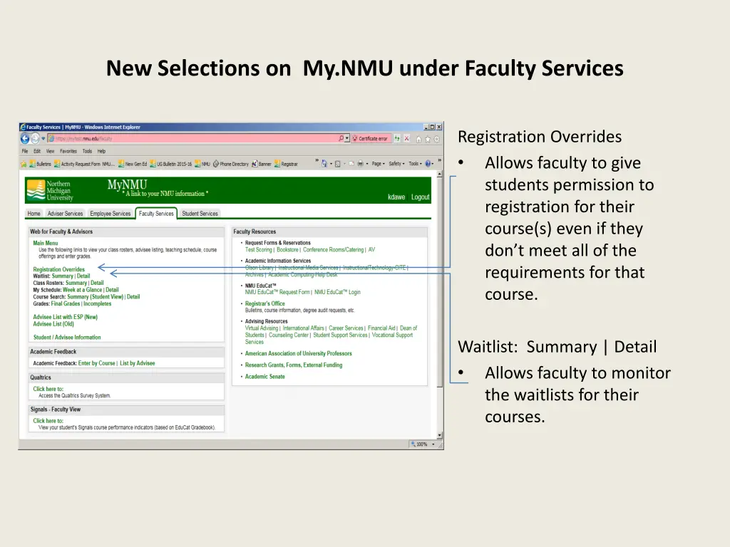 new selections on my nmu under faculty services