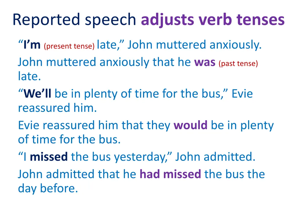 reported speech adjusts verb tenses