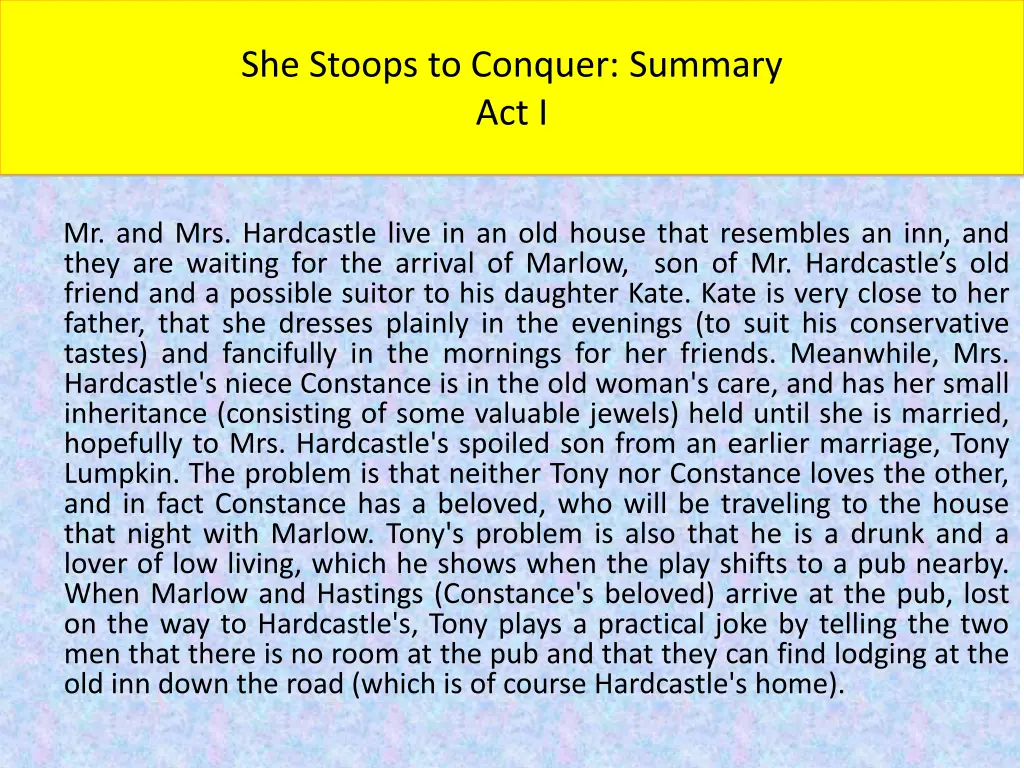 she stoops to conquer summary act i