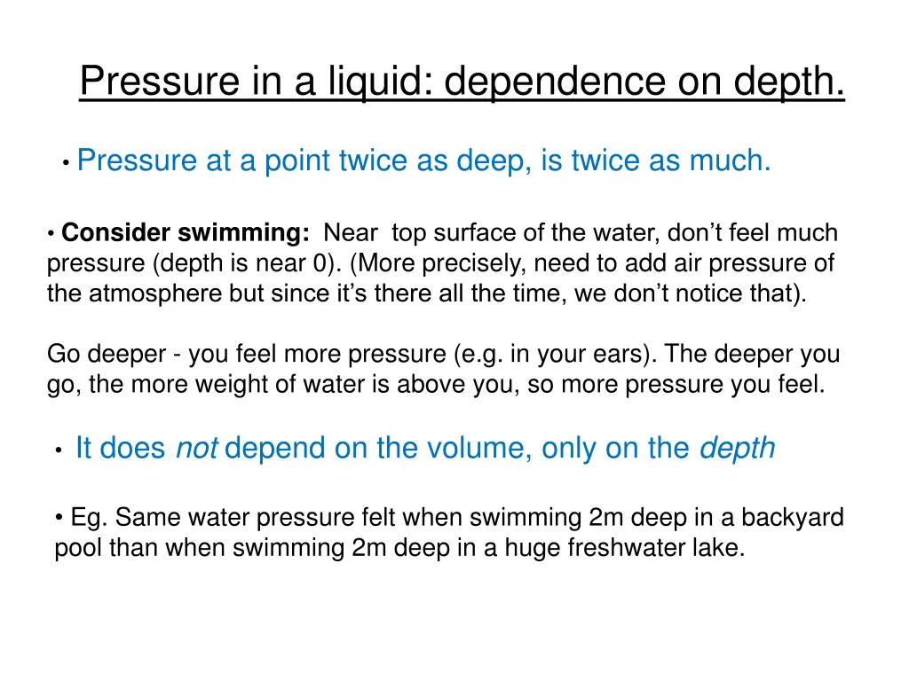 pressure in a liquid dependence on depth