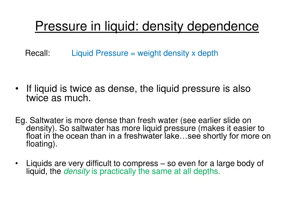 pressure in liquid density dependence