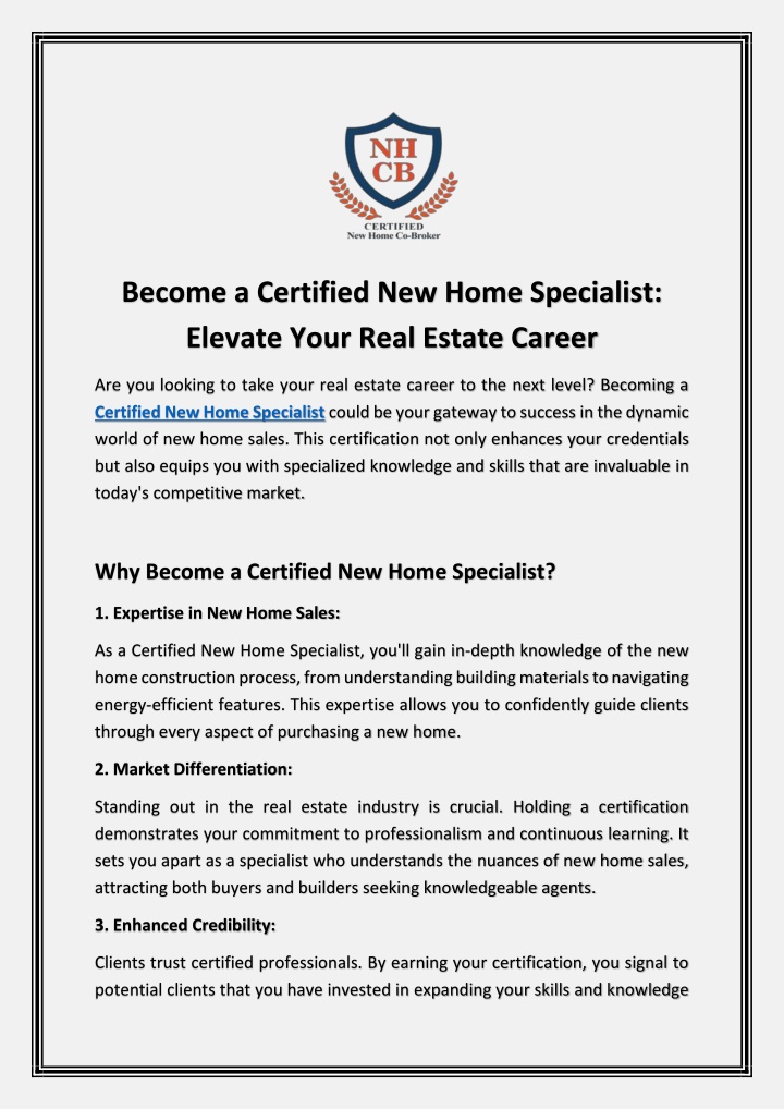 become a certified new home specialist elevate