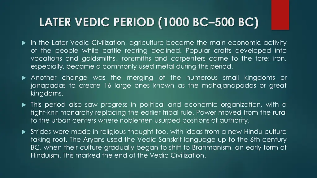 later vedic period 1000 bc 500 bc