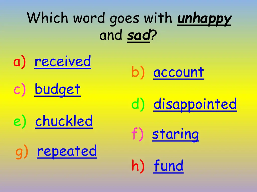 which word goes with unhappy and sad a received