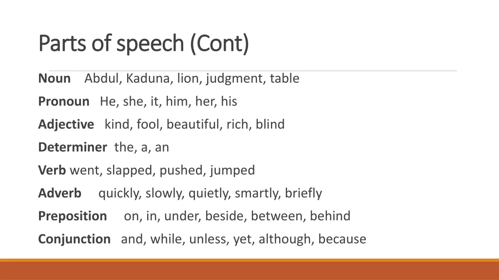 parts of speech parts of speech cont