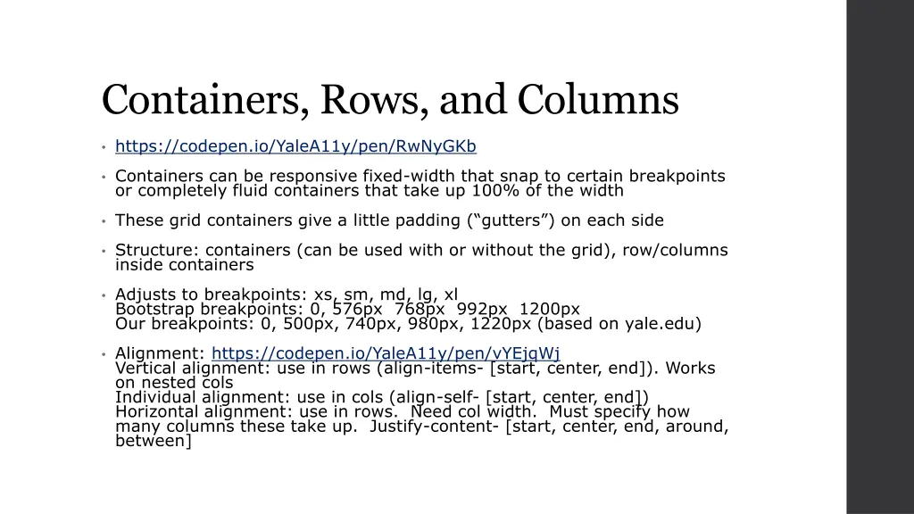 containers rows and columns