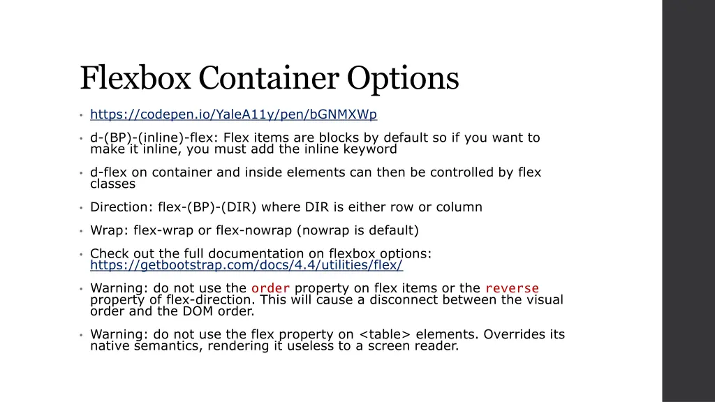 flexbox container options