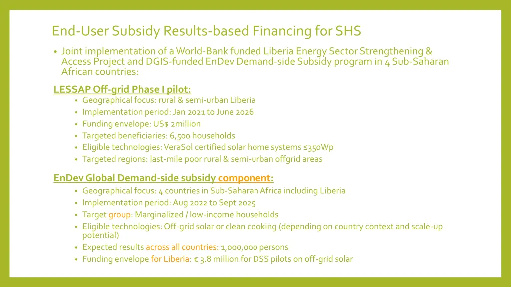 end user subsidy results based financing for shs