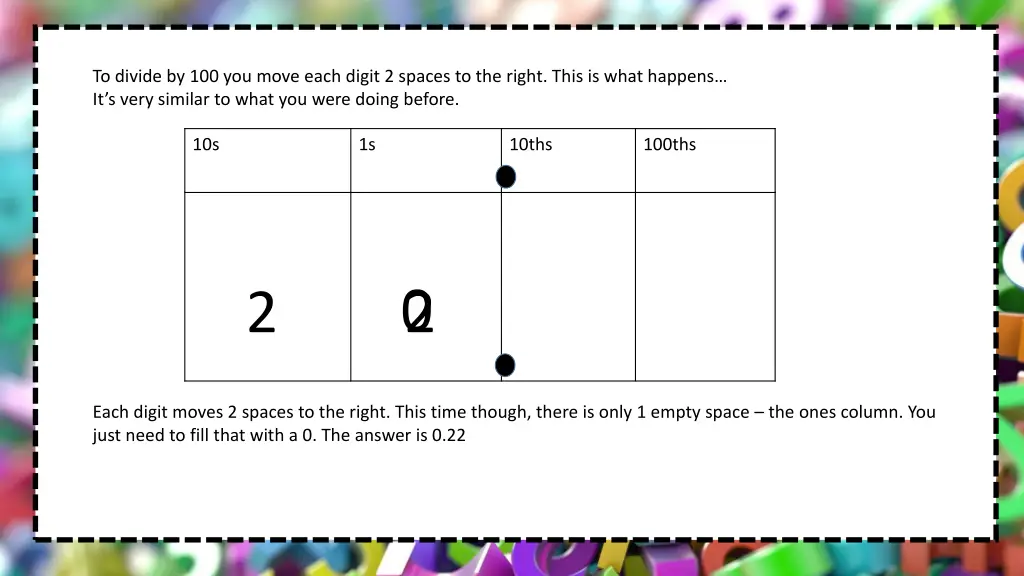 to divide by 100 you move each digit 2 spaces 2