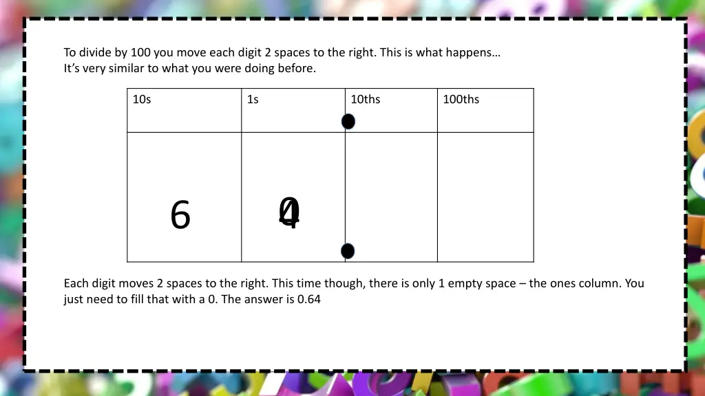 to divide by 100 you move each digit 2 spaces 3