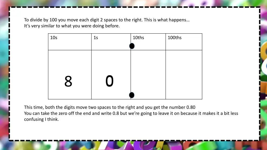 to divide by 100 you move each digit 2 spaces 4