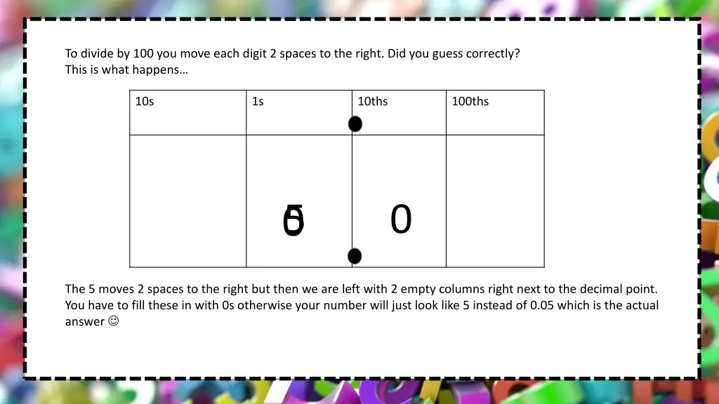 to divide by 100 you move each digit 2 spaces