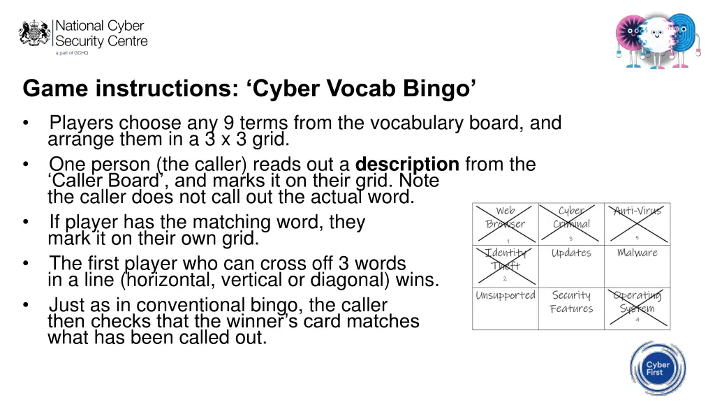 game instructions cyber vocab bingo players